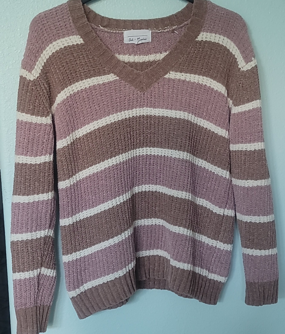 Oak + Meadow Cream Pink Brown Pullover V Neck Sweater Long Sleeve Women's Size M